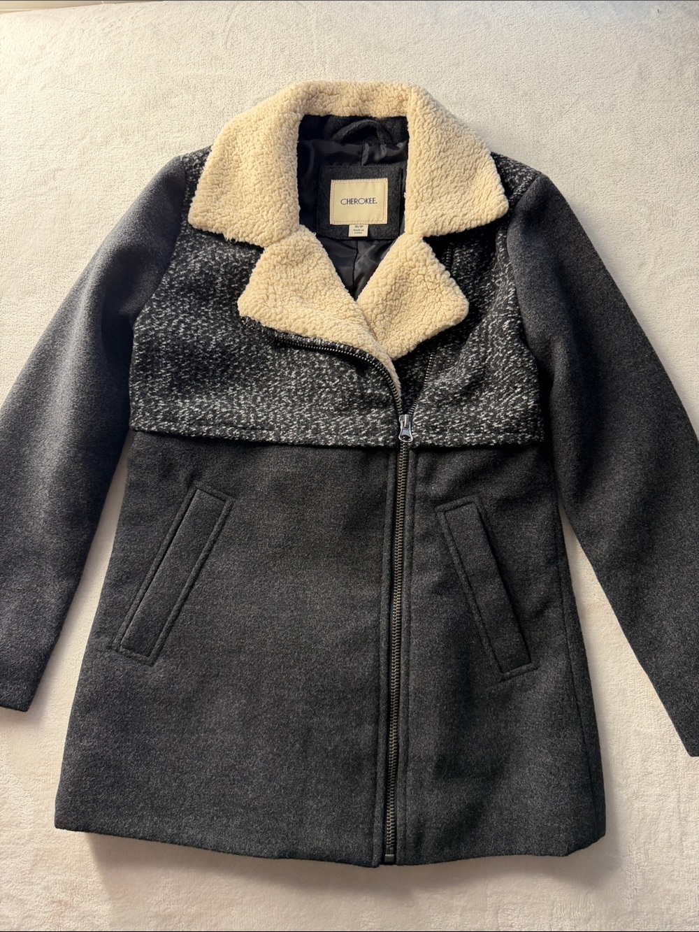 Cherokee Black Coat with Cream Sherpa Collar and Speckled Black-and-White Yoke